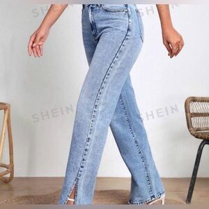 Shein|Light Blue Denim Jeans in straight leg with side slit•••High rise Large